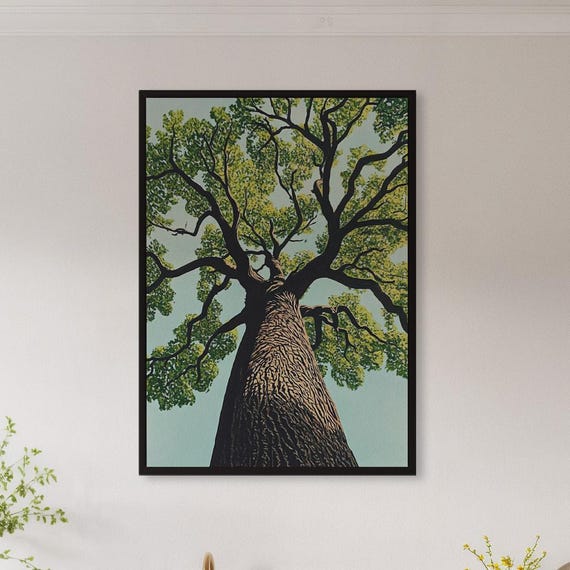 Framed Tall Tree Wall Art Print Nature Perspective Poster With Green Canopy View Modern Forest Decor Gift For Lover Or Entryway