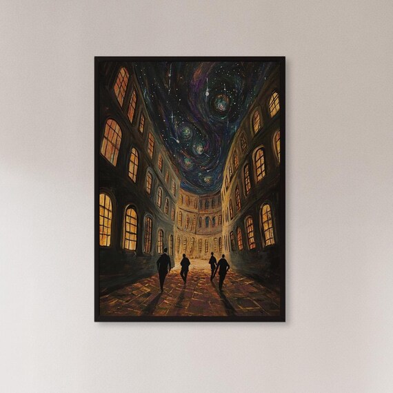 Starry Night Courtyard Poster Dreamy Old Town Architecture Wall Decor
