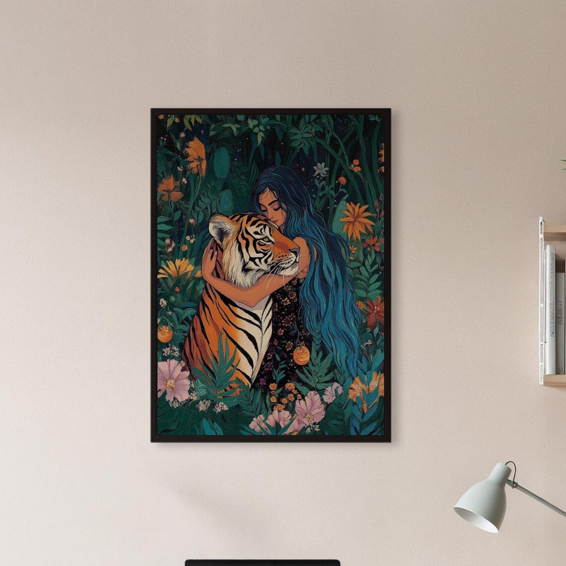 Woman Hugging Tiger Colorful Jungle Fantasy Boho Floral Wall Art