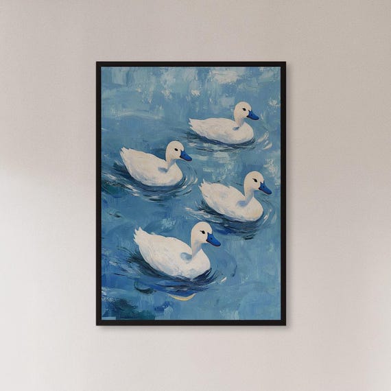 Framed White Ducks Wall Art Print Blue Lake Animal Painting Peaceful Country Farmhouse Poster Whimsical Gift For Nature Lovers Or Kids