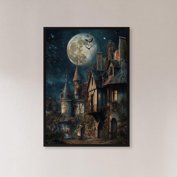 Framed Moonlit Castle Cottage Wall Art Haunted Fantasy Print Nighttime Village Scene Home Decor Gift For Gothic Fans