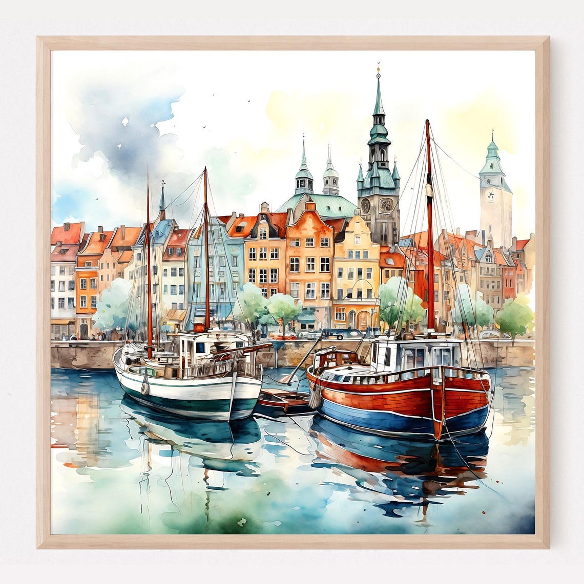 Copenhagen Harbor Watercolor Sailboats Colorful Houses Poster