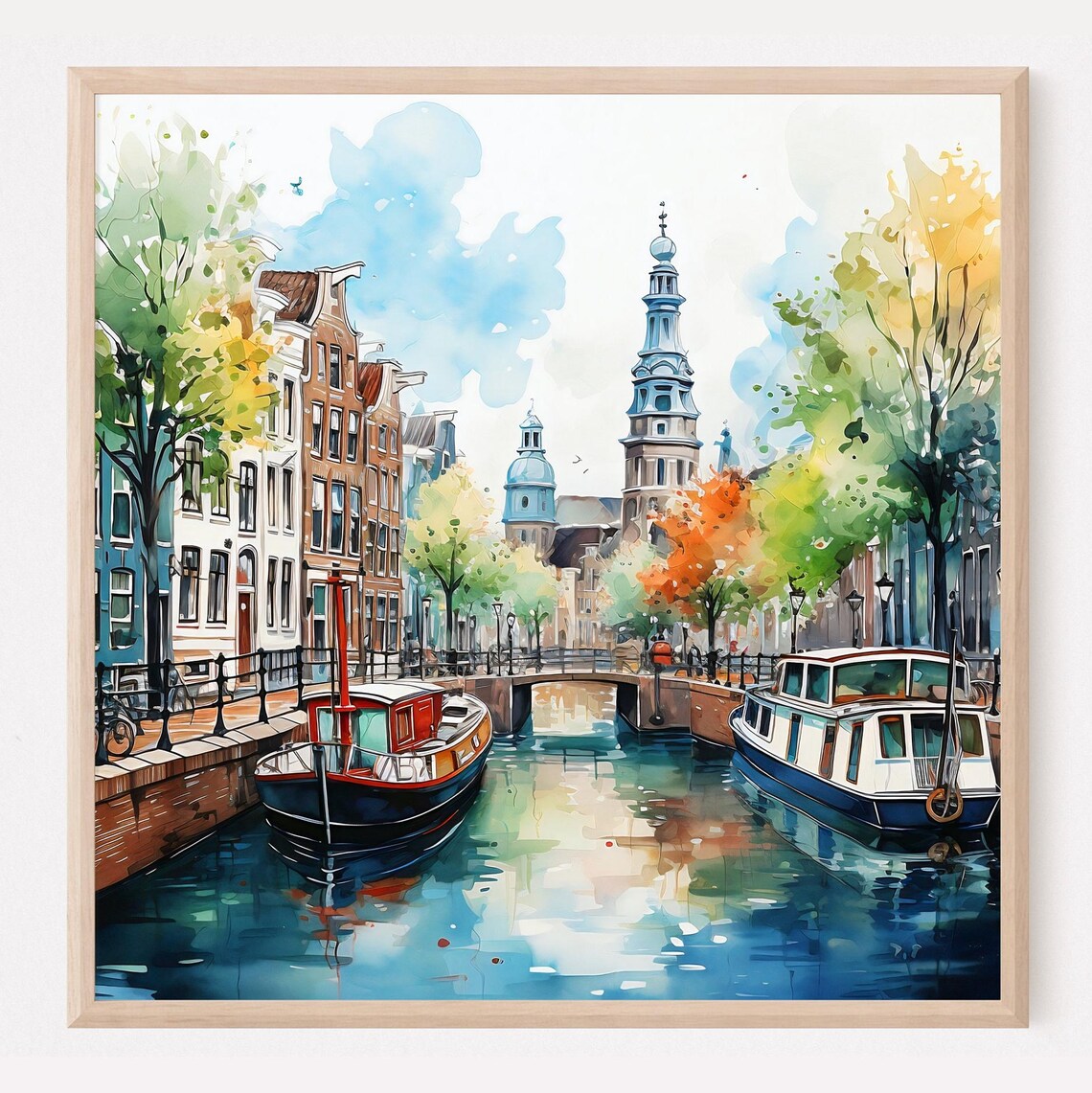 Amsterdam Canal Watercolor Travel Poster, Netherlands
