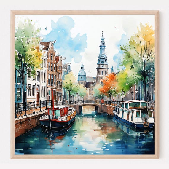 Amsterdam Canal Watercolor Travel Poster, Netherlands