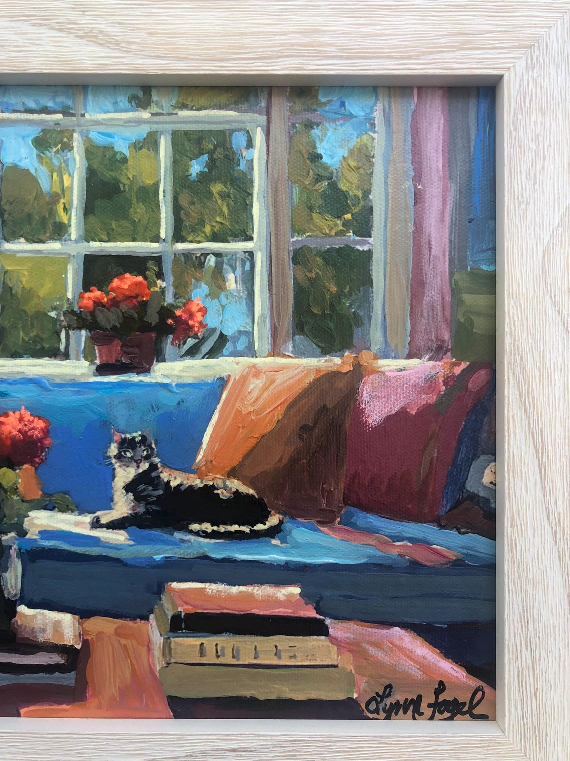 Cozy Tabby Cat Napping on Blue Sofa in Sunlit Living Room Art Poster - Image 2