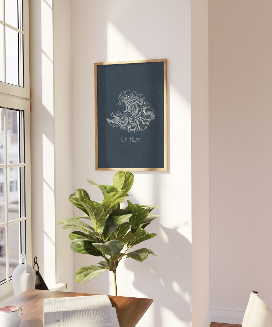 La Mer Minimalist Ocean Wave Line Art Navy French Beach Poster - Image 3