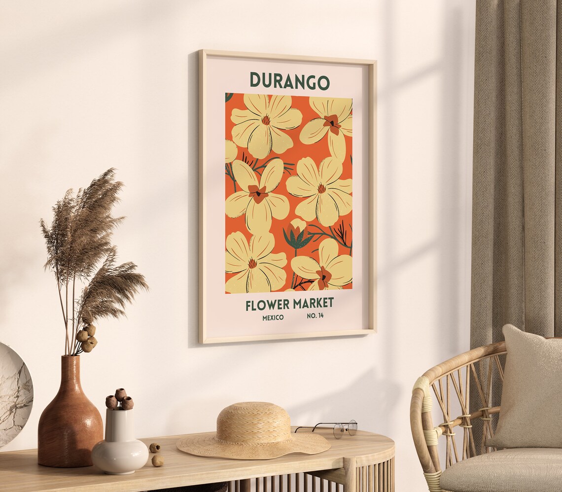 Durango Mexico Flower Market Orange Cream Floral Travel Poster - Image 3