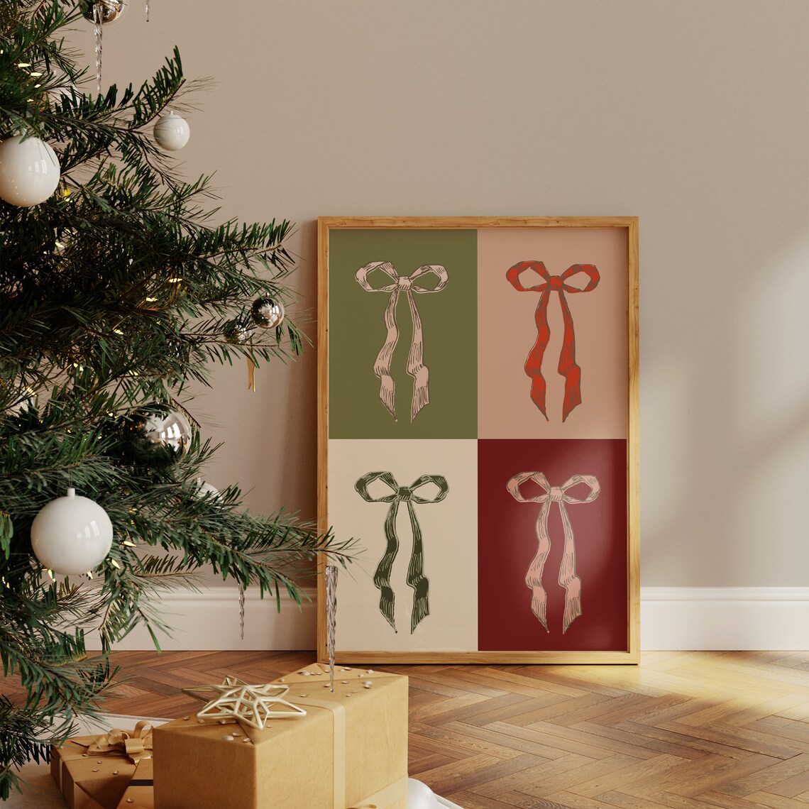 Hand-Drawn Coquette Christmas Ribbon Bow Quartet Festive Holiday Poster - Image 2