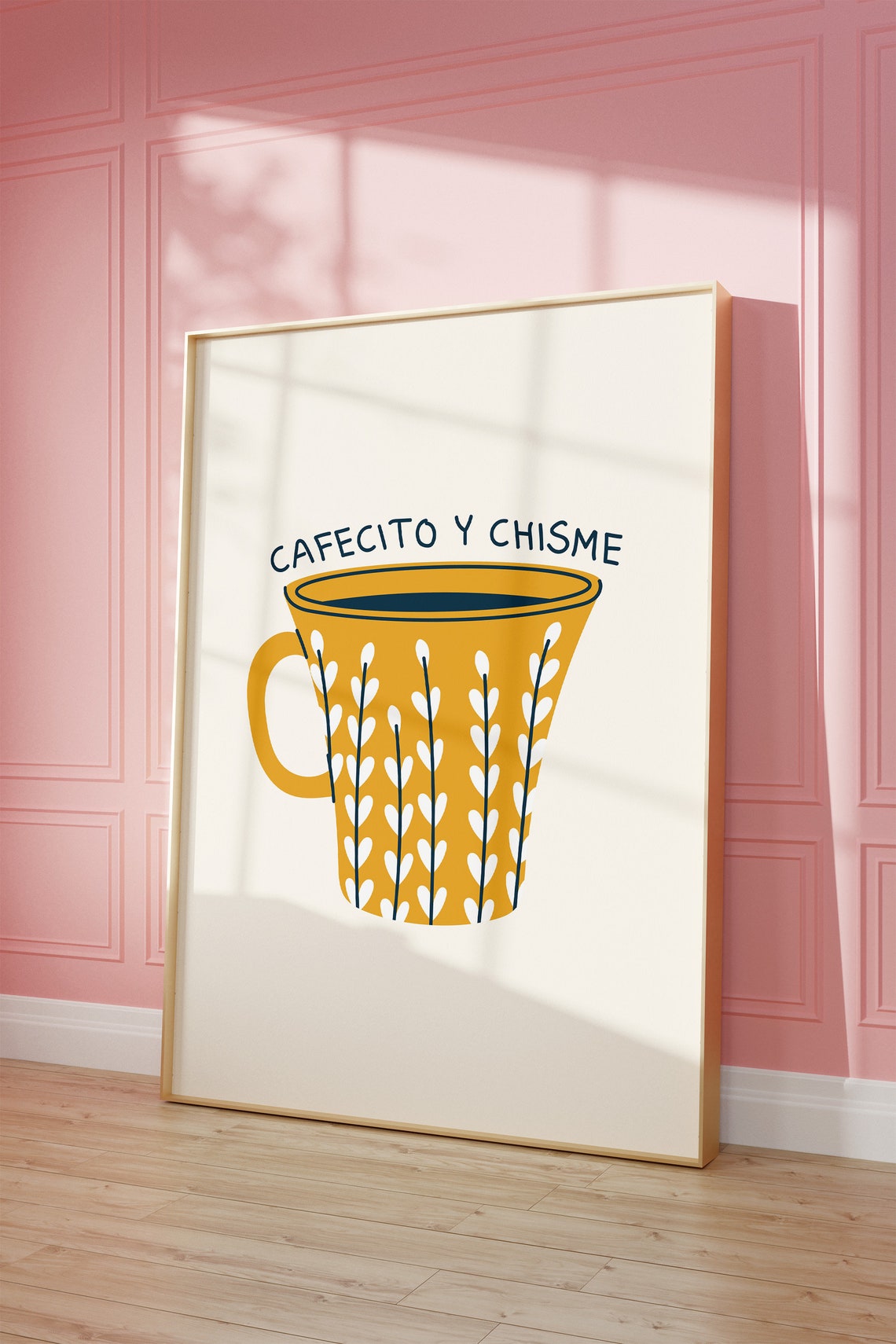 Cafecito Y Chisme Yellow Coffee Cup Spanish Kitchen Decor Poster