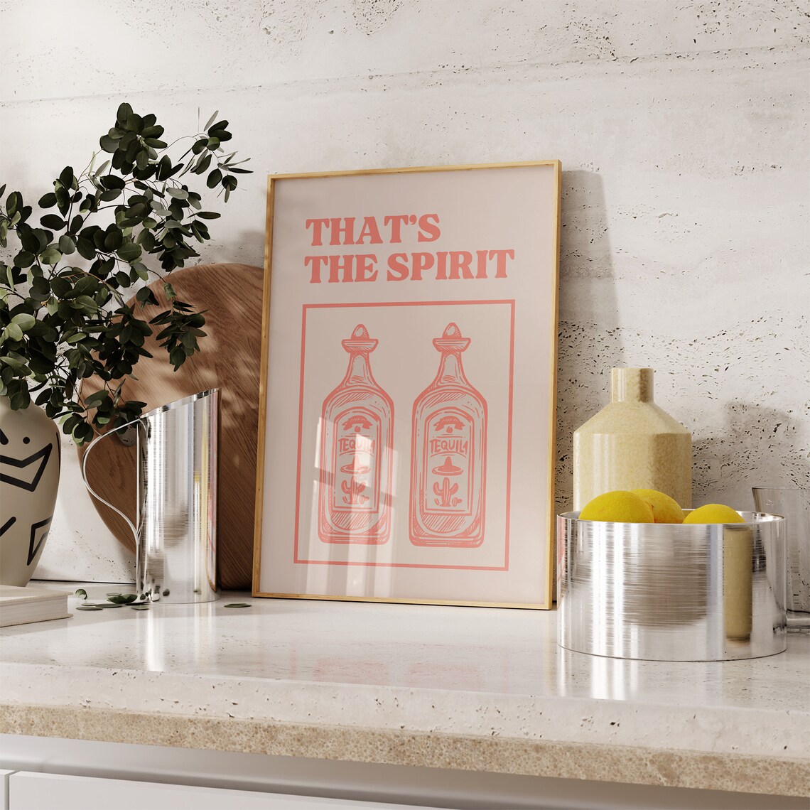 Thats The Spirit Twin Tequila Bottles Coral Pink Bar Decor Poster - Image 4