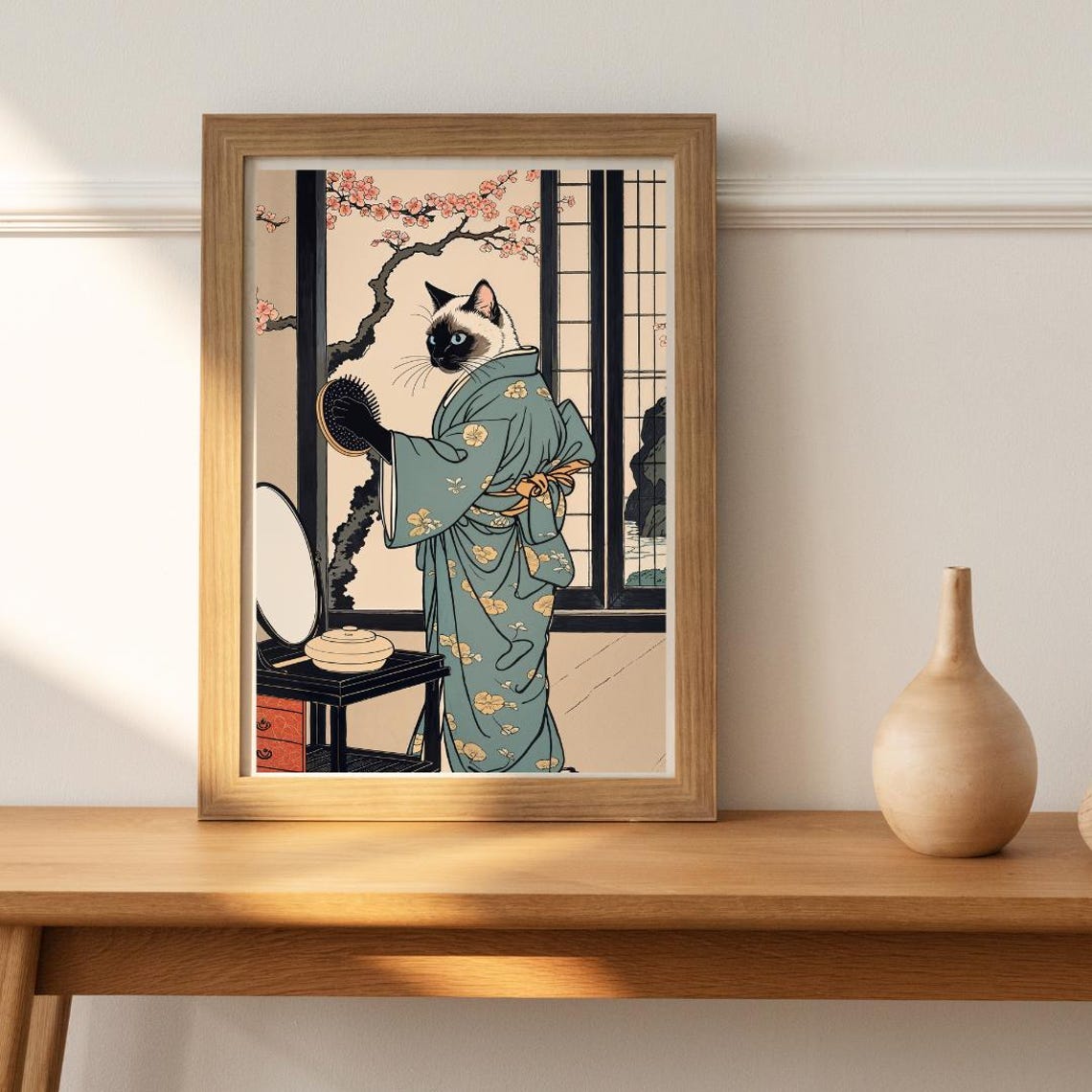 Ukiyo E Siamese Cat Brushing Hair in Kimono Style Print Decor - Image 3