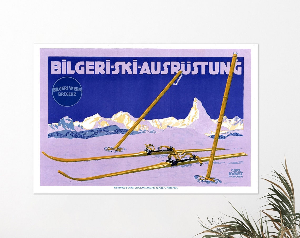 Bilgeri Ski Ausrustung Matterhorn Vintage Skis Poles Snow Wall Art - Image 4