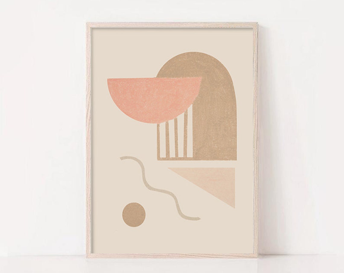 Coral Half Moon with Tan Arch and Wavy Line Playful Abstract Poster