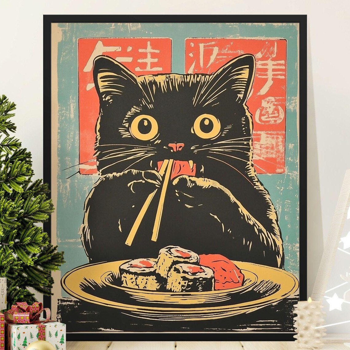 Black Cat Eating Sushi With Chopsticks Vintage Japanese Food Poster
