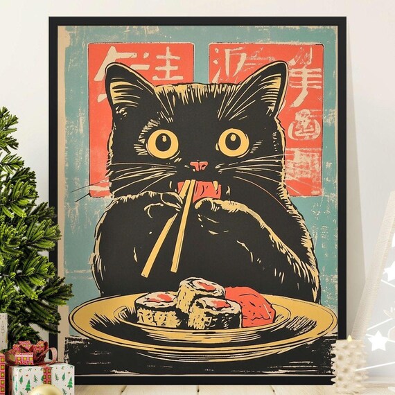 Black Cat Eating Sushi With Chopsticks Vintage Japanese Food Poster