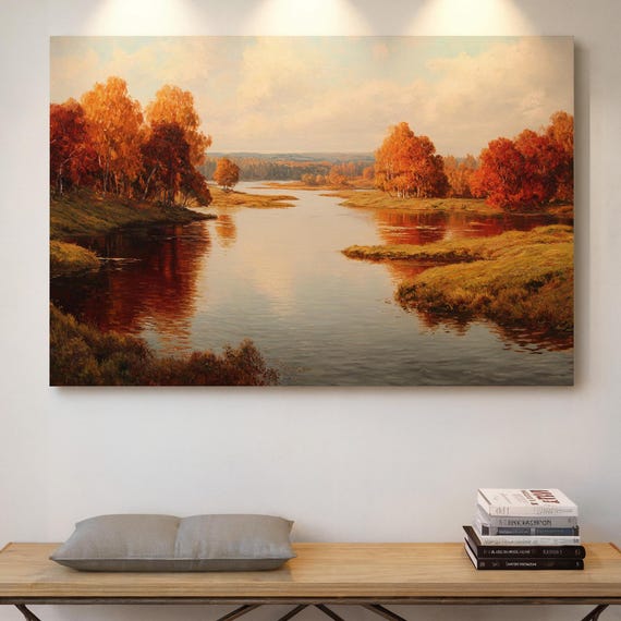 Golden Autumn River Landscape Painting Serene Water Reflection Art With Red And Orange Foliage Tranquil Nature Canvas For Wall Decor