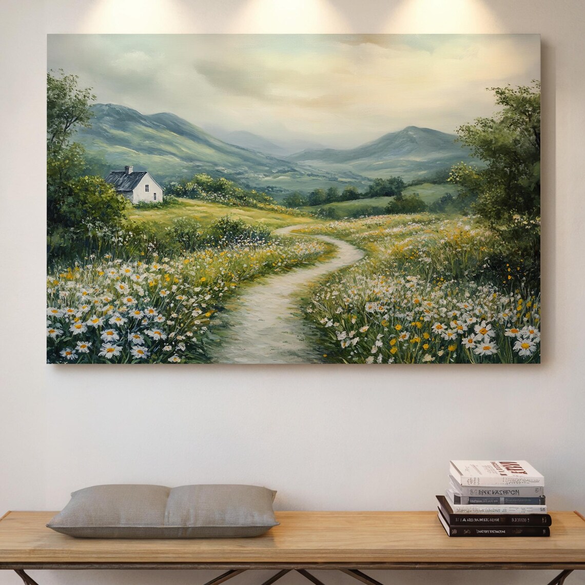 Daisy Meadow Path To Cottage Mountain Landscape Country Poster