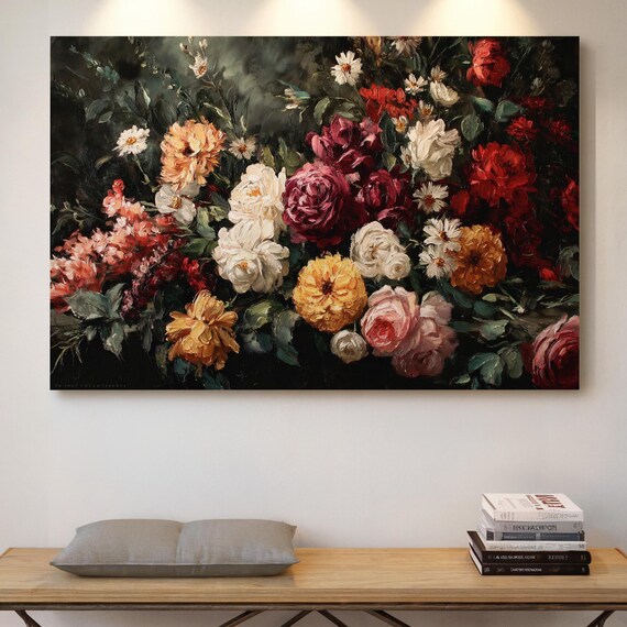 Dramatic Floral Bouquet Vintage Oil Painting Dark Roses Wall Art