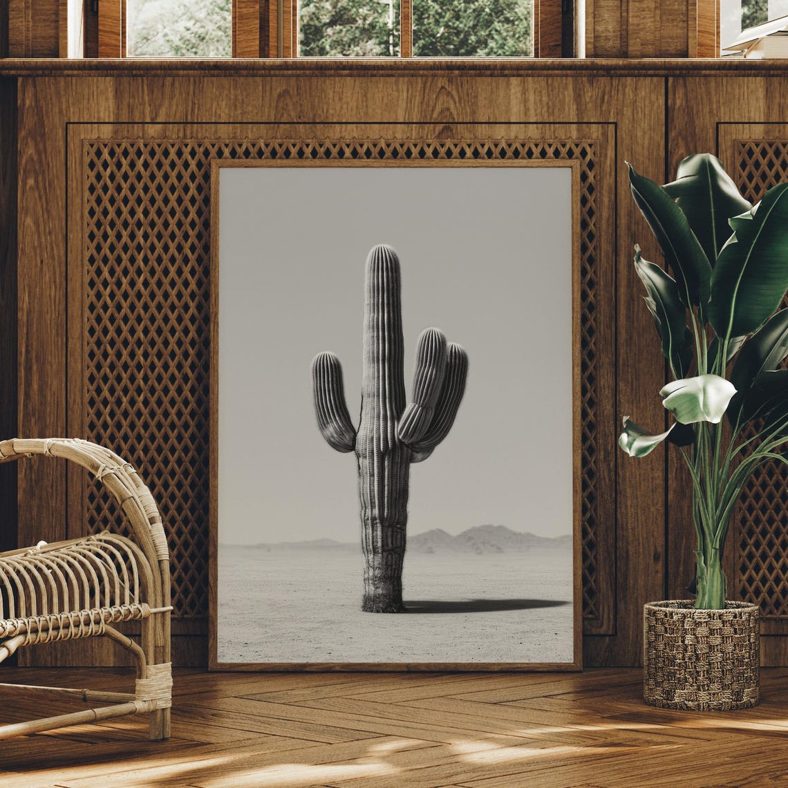 Lone Desert Saguaro In Black And White
