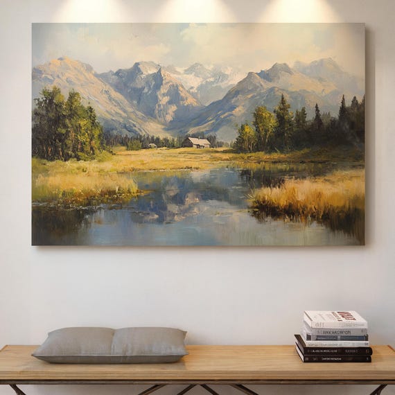 Rustic Mountain Cabin Landscape Canvas Serene River Reflection Wall Art With Lodge And Pine Trees Nature Retreat Print