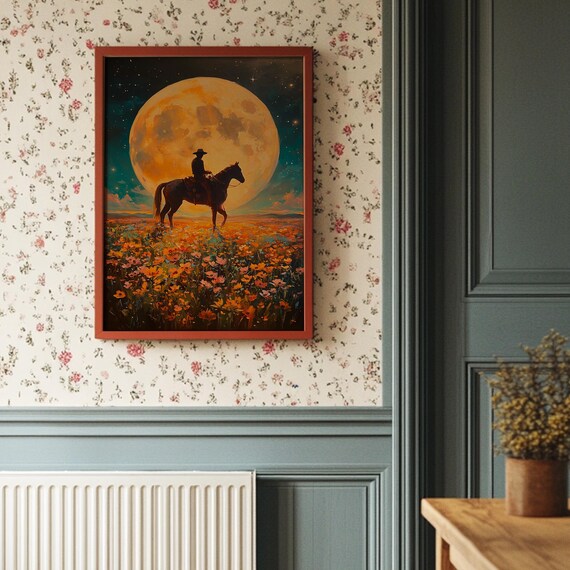 Cowboy Under Full Moon In Field Of Wildflowers
