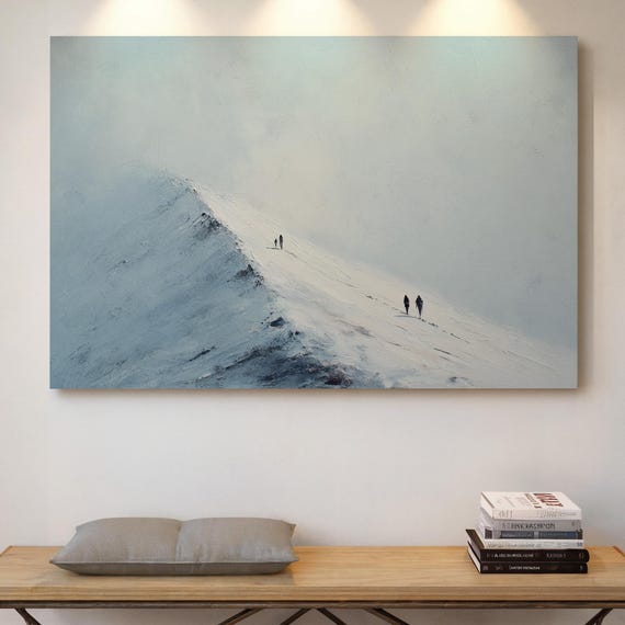 Minimalist Snowy Mountain Canvas Wall Art Climbers On Winter Peak Modern Landscape Painting With Adventure Serenity Dcor