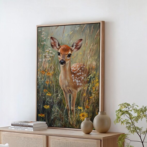 Baby Fawn Deer in Wildflower Meadow Cute Woodland Nursery Art Print