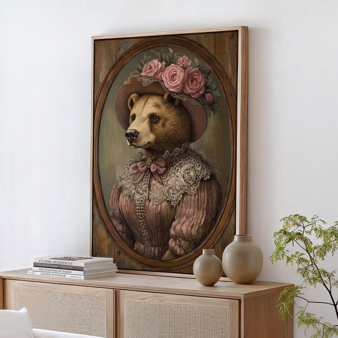 Elegant Bear Lady In Floral Hat And Lace Vintage Whimsical Animal Portrait Poster