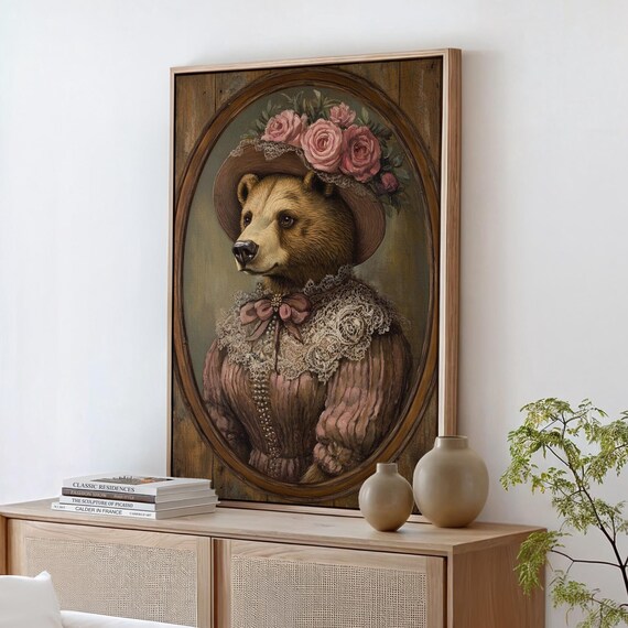 Elegant Bear Lady In Floral Hat And Lace Vintage Whimsical Animal Portrait Poster