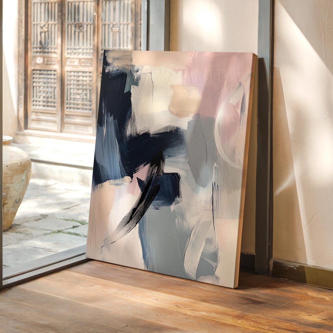 Large Abstract Soft Blue Navy Pink Beige Modern Brushstroke Art Poster