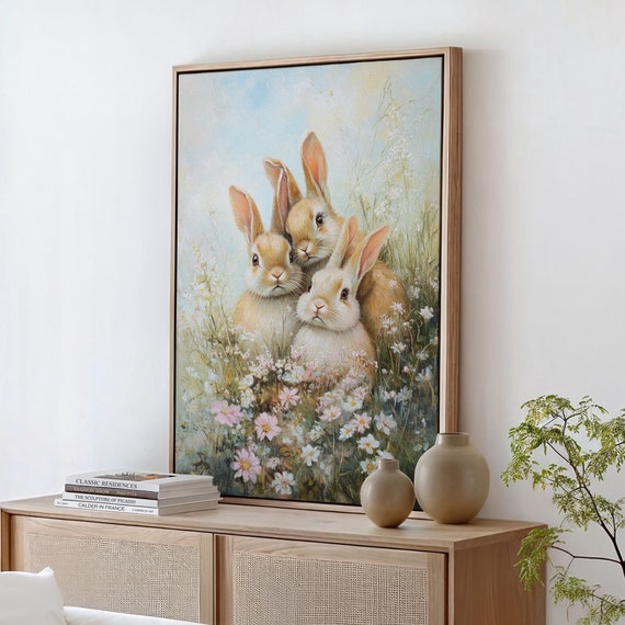 Charming Trio Of Bunnies In Wildflowers Cute Rabbit Art For Farmhouse Decor Kids Room Or Nature Inspired Spaces