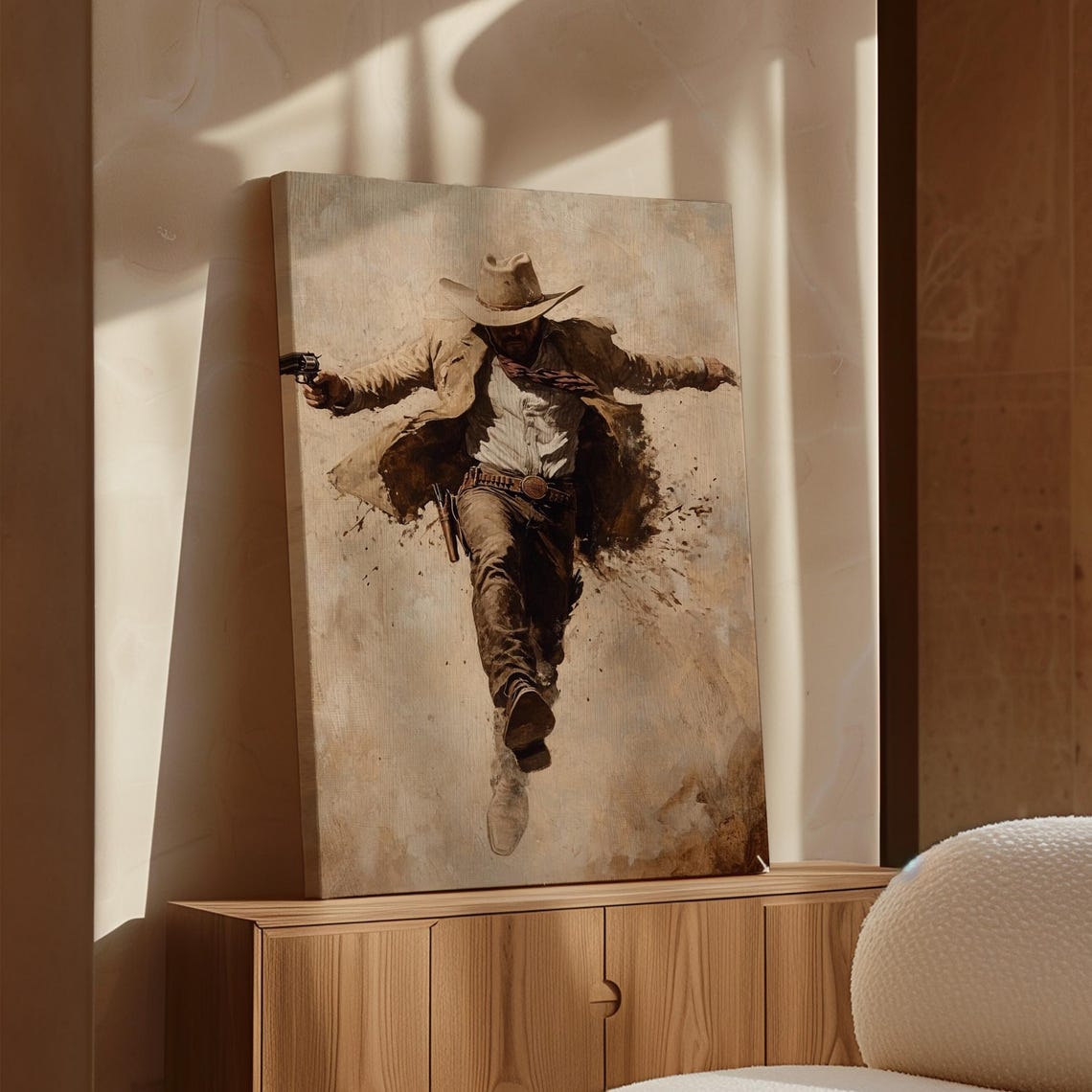 Dynamic Gunfighter Cowboy Leaping Mid Air With Revolver Sepia Poster