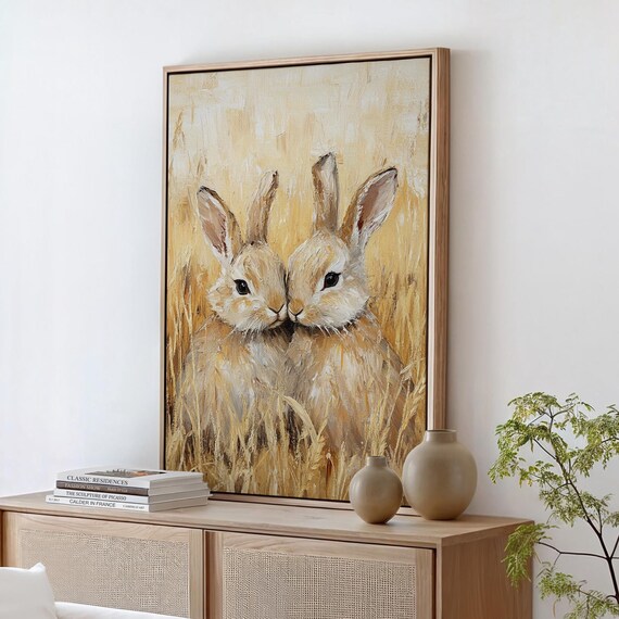 Two Bunnies Nose to Nose in Golden Wheat Field Sweet Painting Wall Art