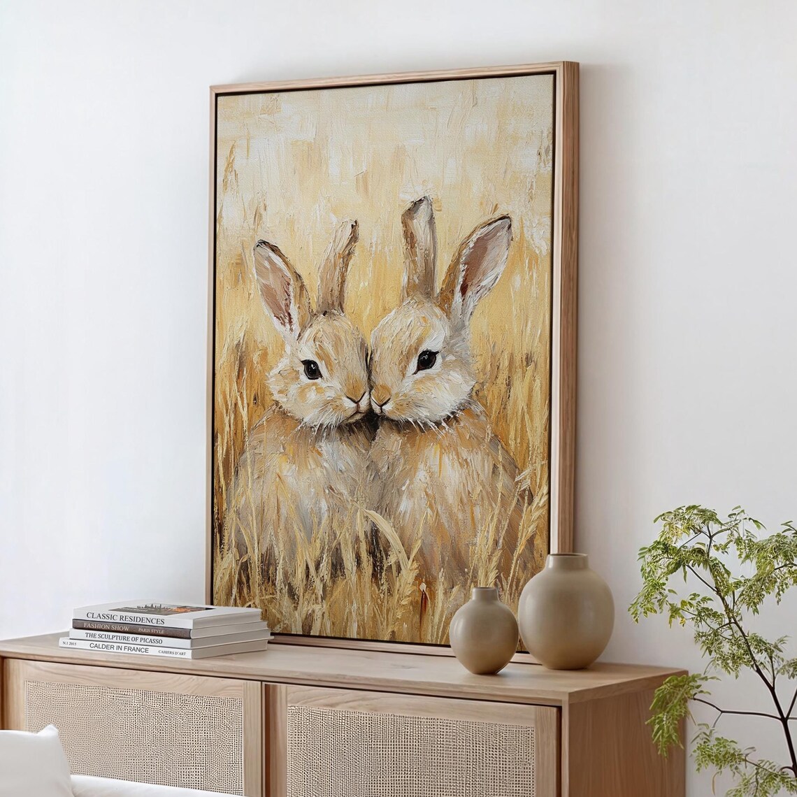 Two Bunnies Nose to Nose in Golden Wheat Field Sweet Painting Wall Art