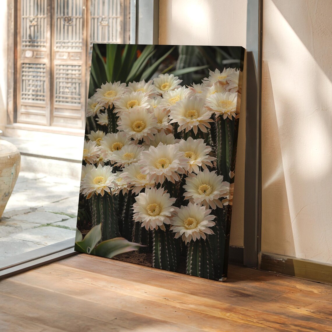 Cream White Cactus Blooms Covering Tall Green Cacti Wall Art