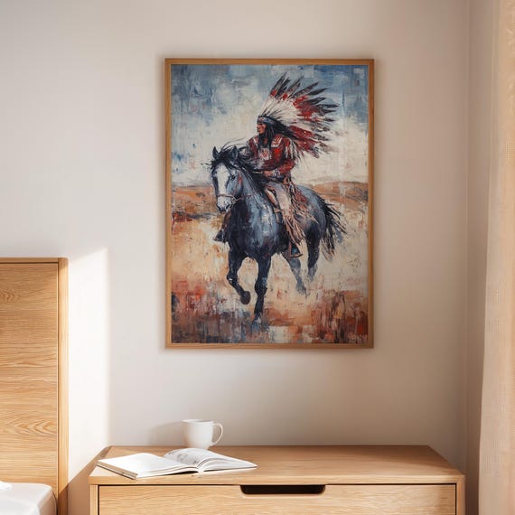 Native Warrior On Horseback Canvas Art Bold Western Painting Rustic Southwest Wall Decor Indigenous Home Accent