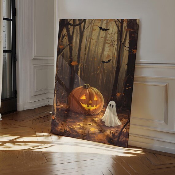 Jack O Lantern And Ghost In Autumn Forest With Bats Halloween Poster