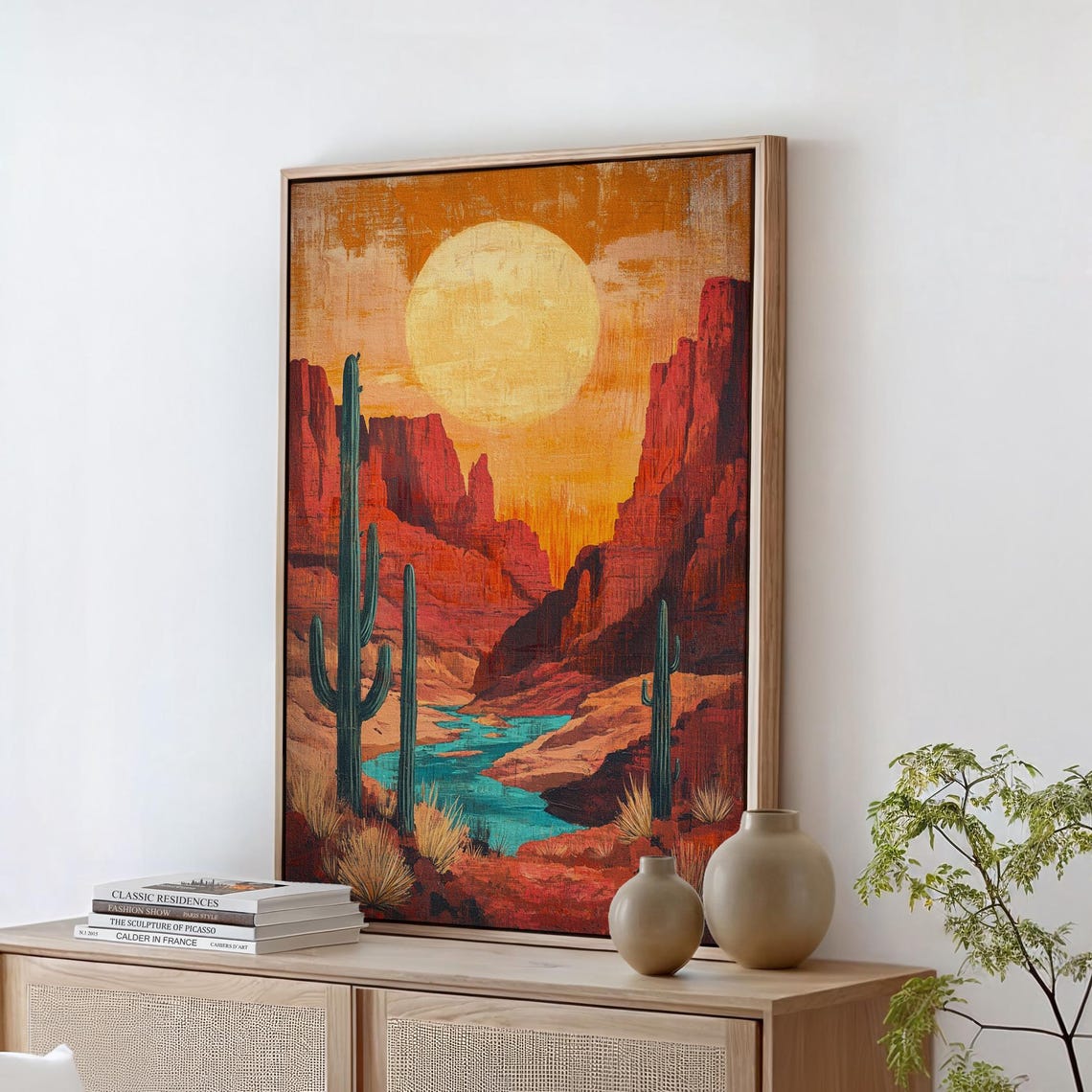 Sunset Desert Canyon With Red Cliffs And Turquoise River Poster