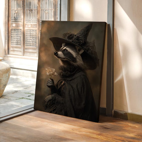 Raccoon Witch Portrait Art Print Gothic Animal Halloween Wall Decor Dark Forest Familiar Artwork Vintage Witchy Costume Illustration