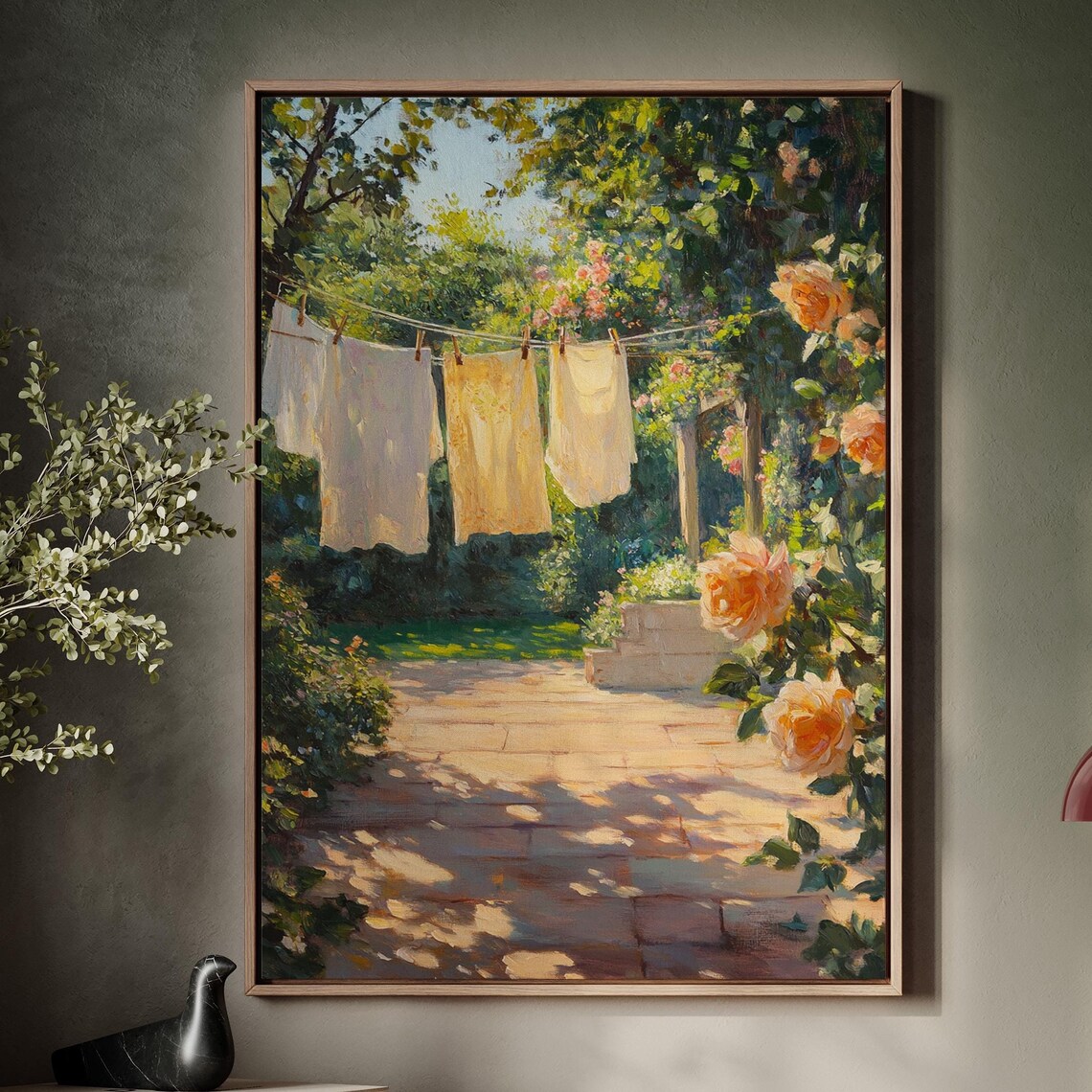 Sunlit Garden Clothesline With Blooming Roses Dappled Light Art Poster