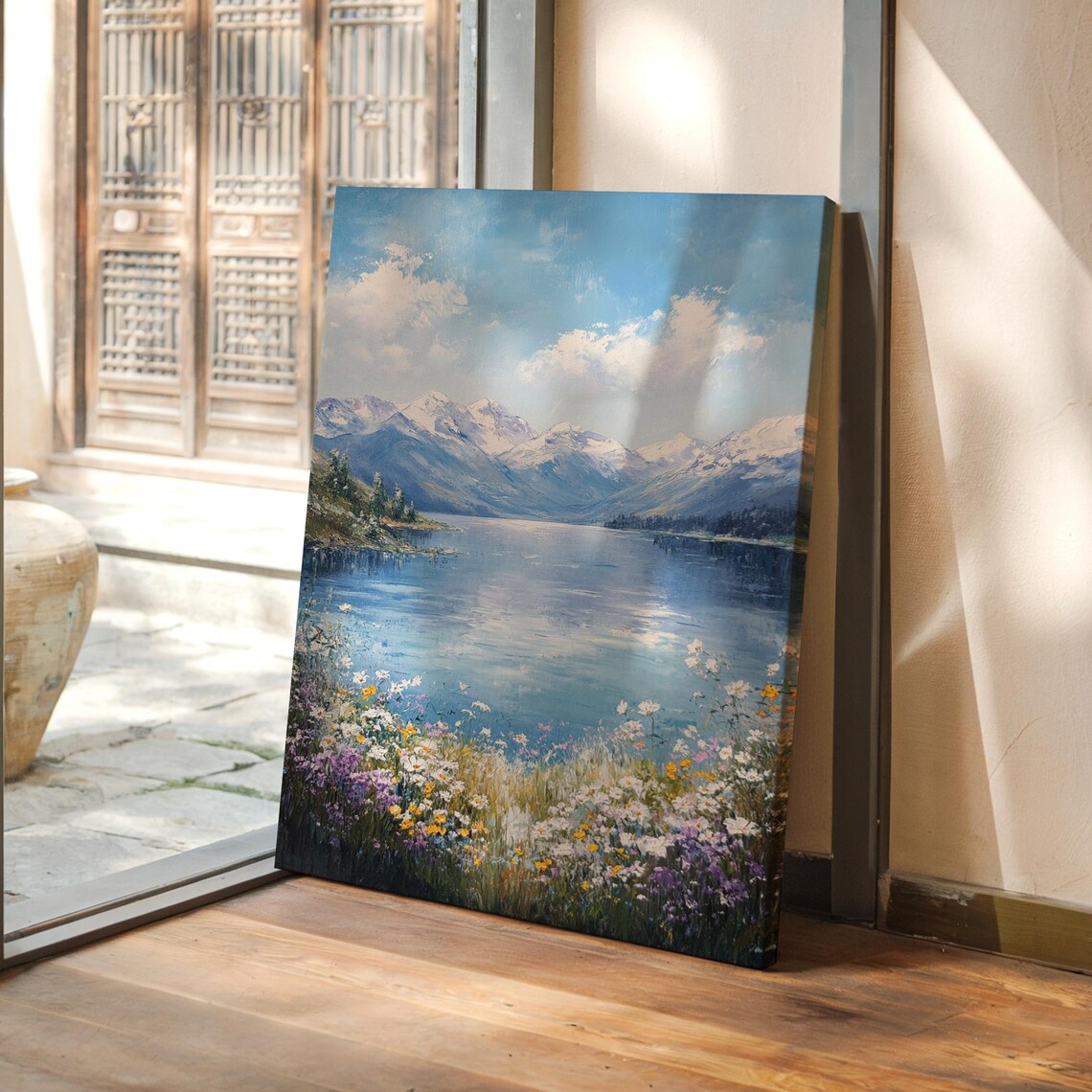 Alpine Lake With Snowy Peaks And Wildflower Meadow Landscape Wall Art
