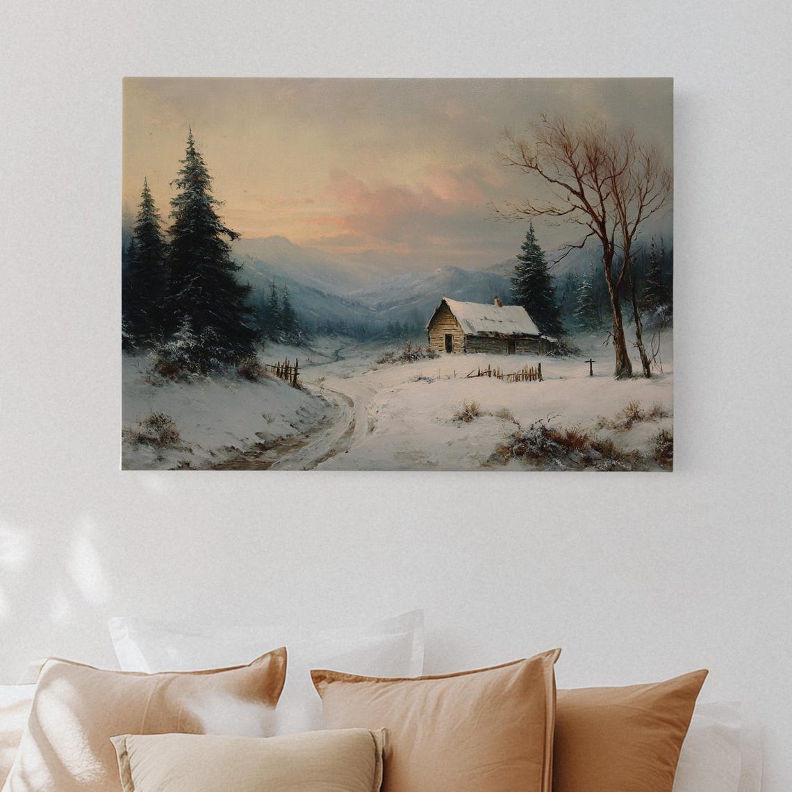 Rustic Winter Cabin Snowy Mountain Landscape Sunset Pines Scene Poster