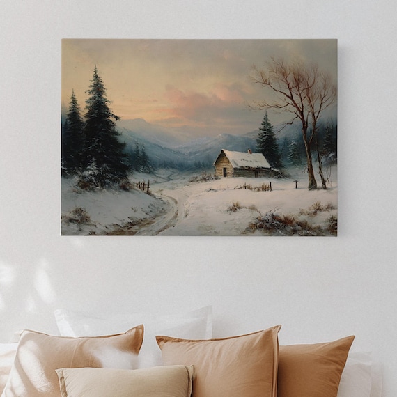 Rustic Winter Cabin Snowy Mountain Landscape Sunset Pines Scene Poster