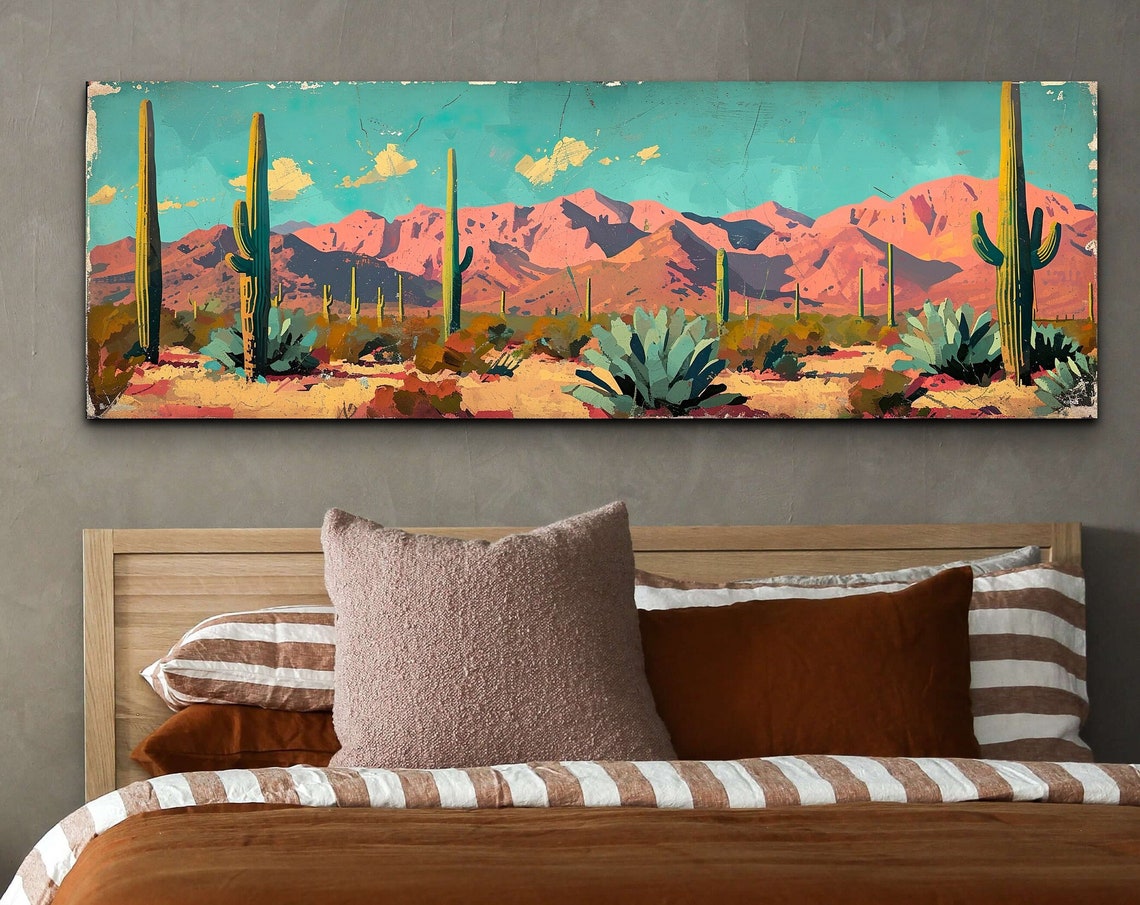 Panoramic Arizona Desert Saguaro Cactus Sunset Mountain Wall Art