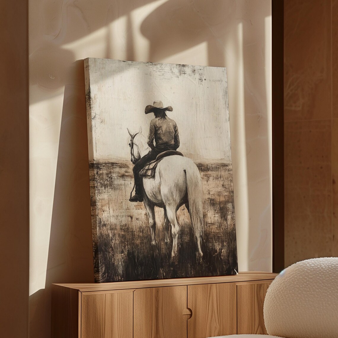 Cowboy On White Horse Distressed Charcoal Sketch Western Art Print