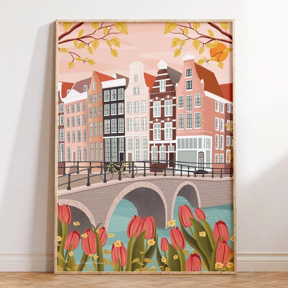 Amsterdam Canal Art Print Dutch Tulip Cityscape Illustration