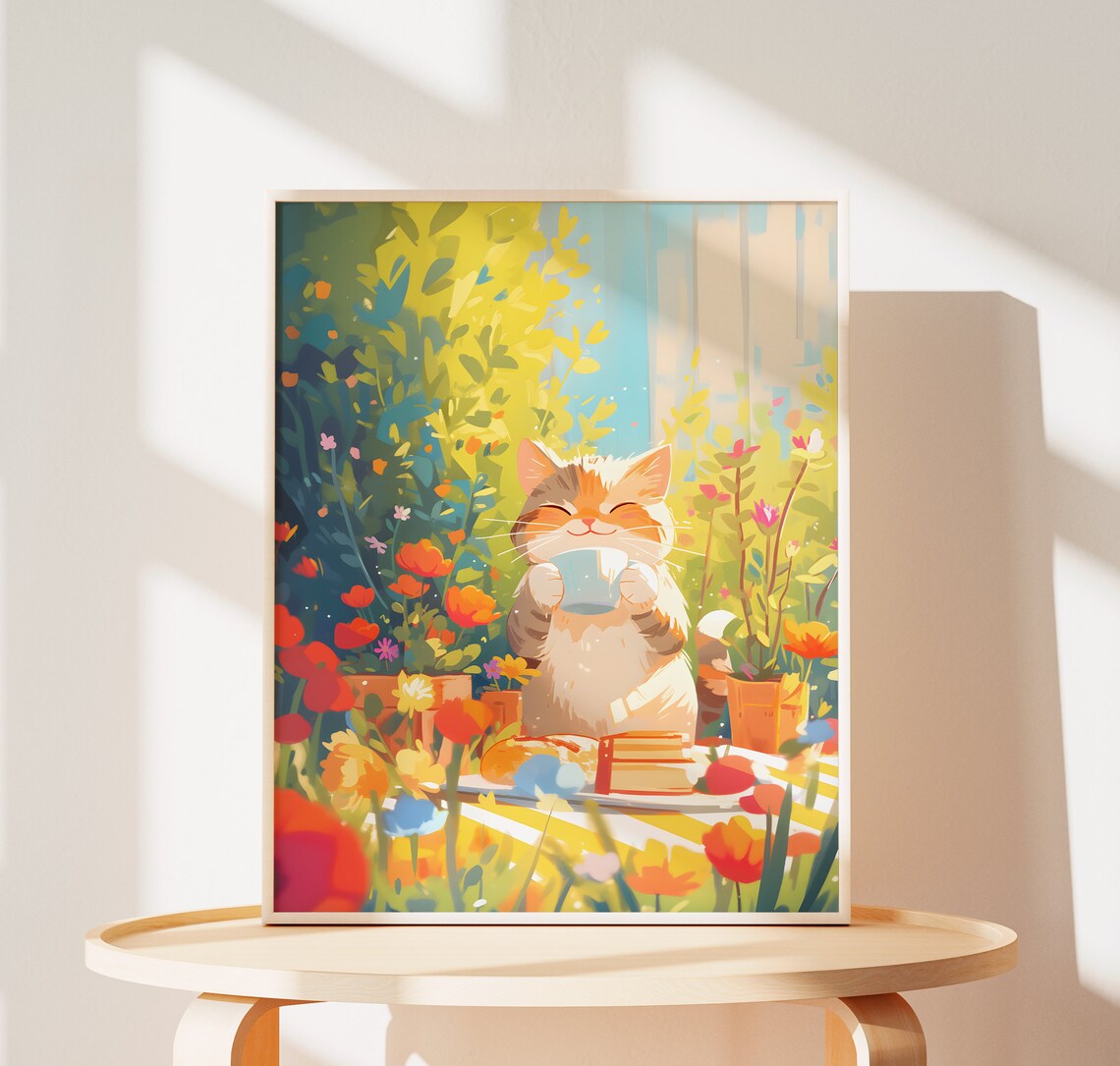 Cozy Cat Floral Art Print, Cute Tabby Cat Decor