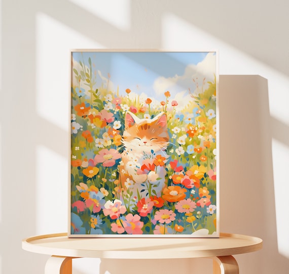 Happy Kitten Smiling in a Colorful Wildflower Meadow Art Poster