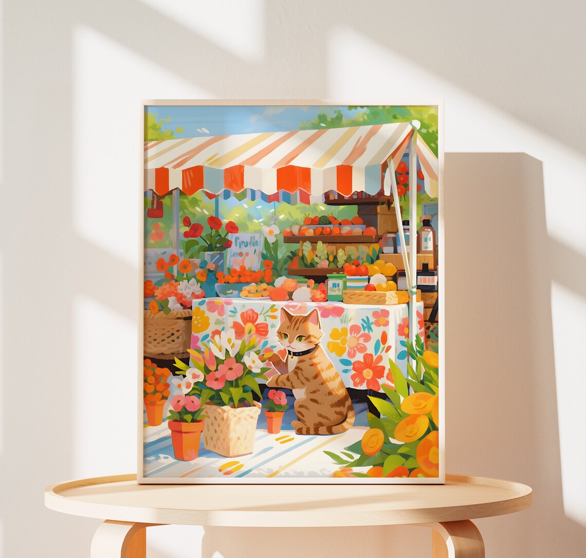 Tabby Cat at Farmers Market, Spring Floral Art Print