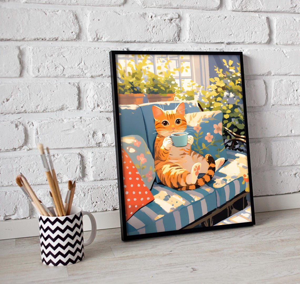 Orange Tabby Kitten Sipping Coffee on a Sunlit Blue Sofa Poster - Image 3